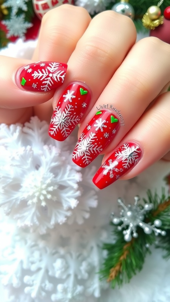Festive Christmas Nail Art Designs for Winter Colorful Christmas nail art with red, green, and white designs, including snowflakes and glitter, on a winter-themed background.